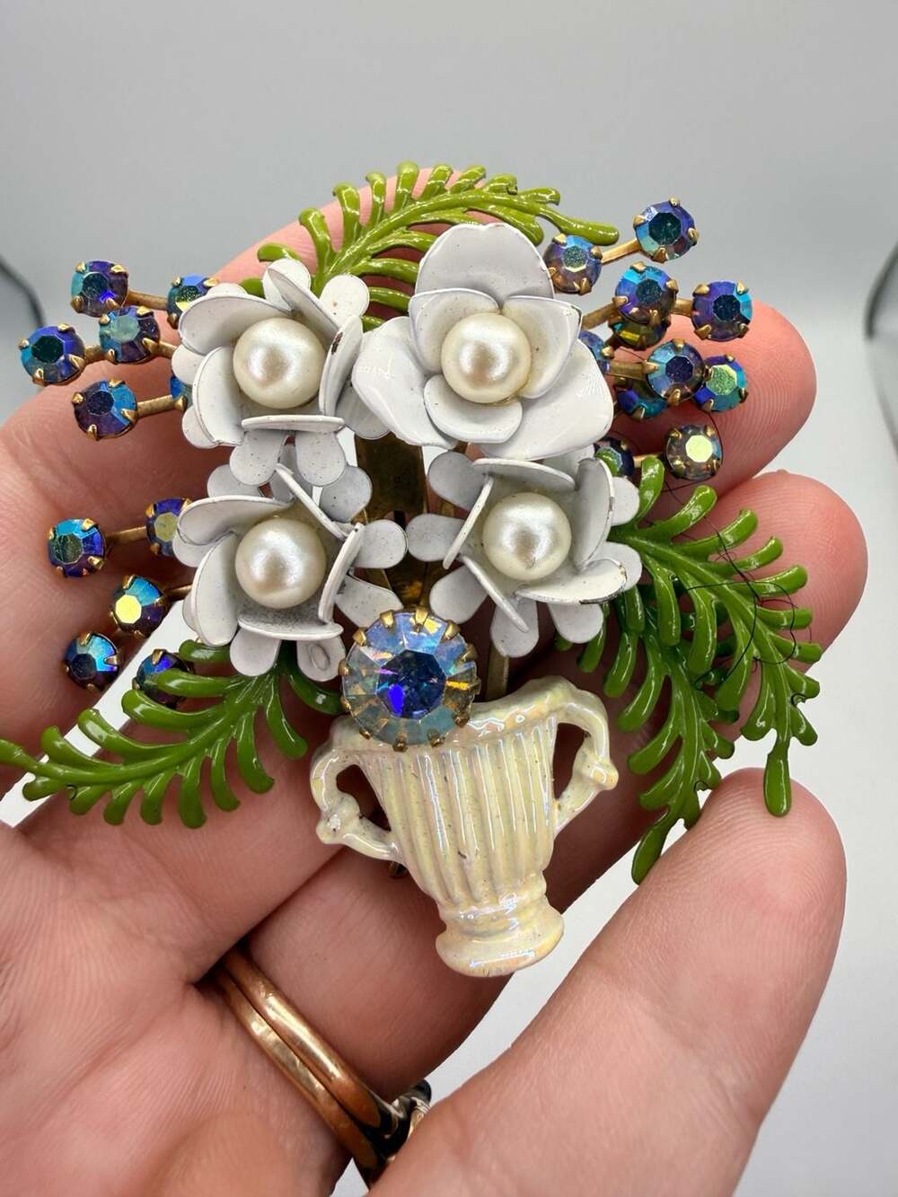 Vintage Enamel Flower Vase Brooch Rhinestone Pearl Pin